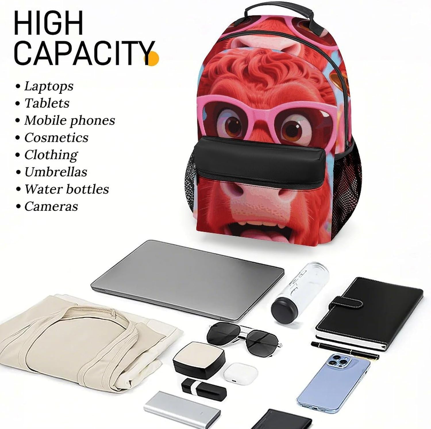 Red Cow Head Funny Travel Laptop Backpack 16.5 in Mens Bag image 4