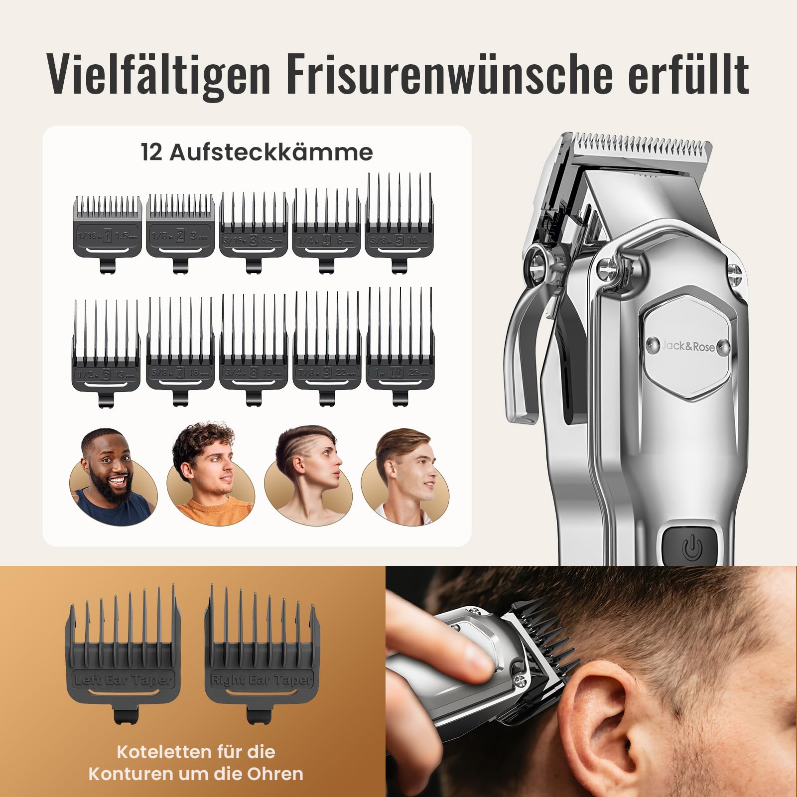 Jack & Rose Haarschneidemaschine, kabellos profi Haarschneider, IPX7 Wasserdicht elektrischer Friseur Rasierer, USB wiederaufladbar Haar und Bartschneider für Männer
