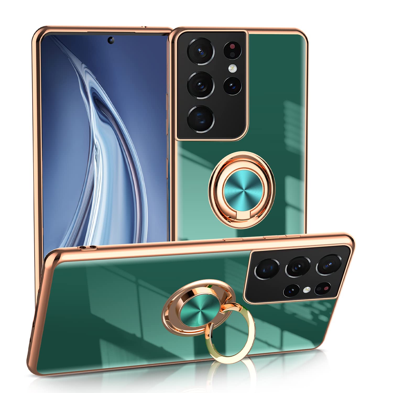 Phone Case for Samsung Galaxy S21 Ultra 5G 6.8" 2021 Ring Holder Case Shiny Plating Rose Gold Edge 360 Degree Rotation Kickstand for Women Girls Slim Soft Flexible TPU Protective Cover Case (Green)