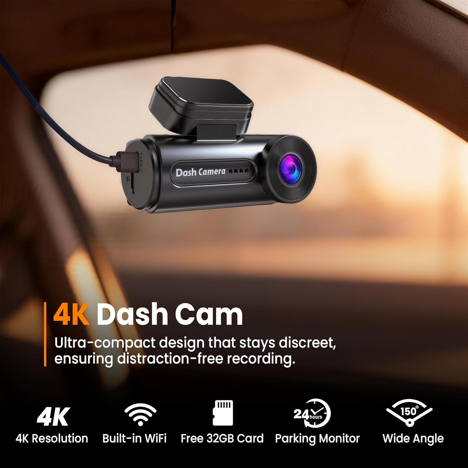 4K Dash Cam Front with Built-in WiFi, Dash Camera for Cars, 32GB Card Included, Super Night Vision Dash Camera, Loop Recording Car Camera, G-Sensor, 24H Parking Monitor, Supports Up to 256GB