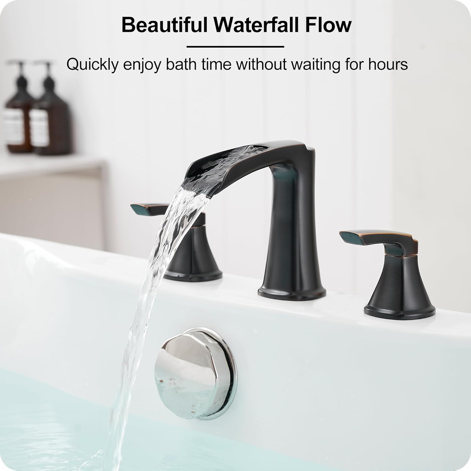 Waterfall Bathtub Faucet Oil Rubbed Bronze, Brass Bath Tub Faucet Set 3 Hole, 8 Inch High Flow Roman Tub Faucet, 2 Handle Deck Mount Bathtub Faucets Widespread with Water Hose for Farmhouse
