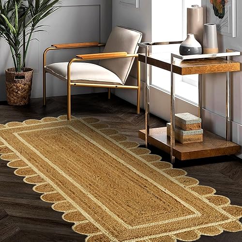 Miniatura 4 de GRUHUM Alfombra de yute festoneado de 2 pies 6 pulgadas x 6 pies, base natural, ribete blanco roto, tejida a mano, reversible, suave, trenzada, de