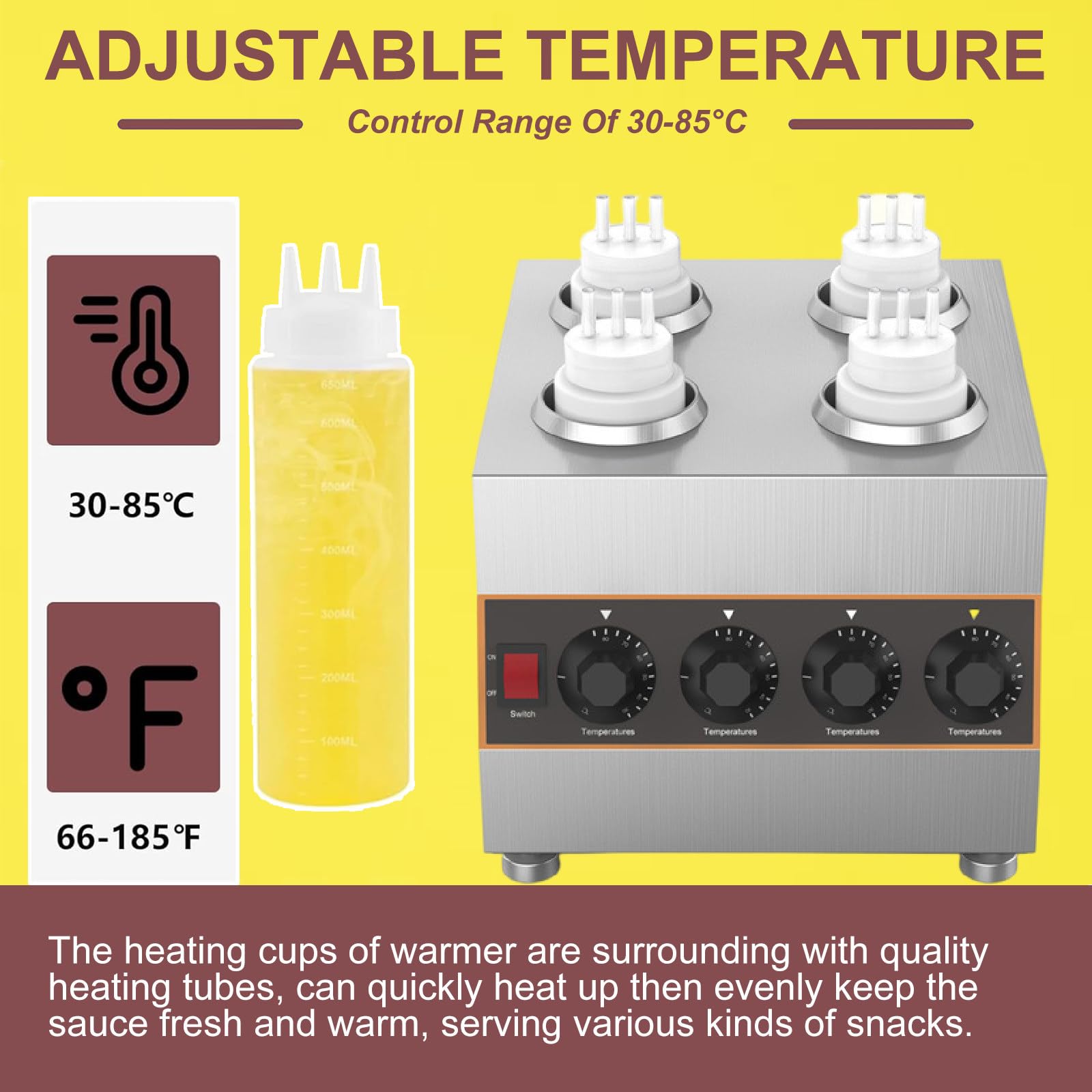 Calentador de Queso Nacho Comercial, máquina para Calentar Chocolate con 4 Botellas, dispensador de Mermelada y Dulce de Leche Caliente, Temperatura Ajustable de 30 a 85 ℃, 220 V