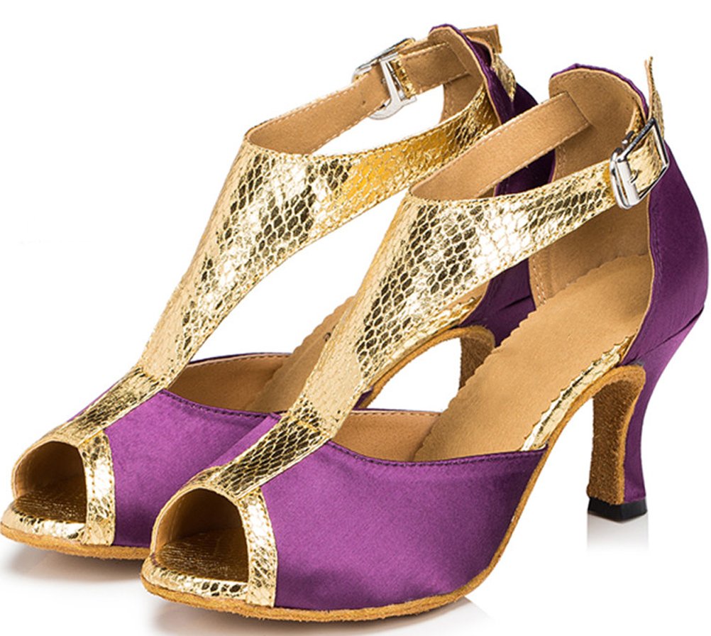 Donne Comfort T-bar Sala da ballo Latino Moderno Quadrato Danza Tango Cha-Cha Rumba Peep Toe Raso Professionale Scarpe da Ballo