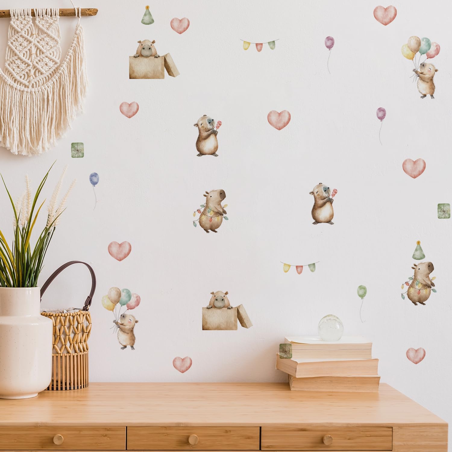Alwayspon 26 Decals Cute Capybara Pink Love Balloon Art Wall Decals, Peel and Stick Wall Stickers for Living Nursery Kids Room Bedroom Wall Decor