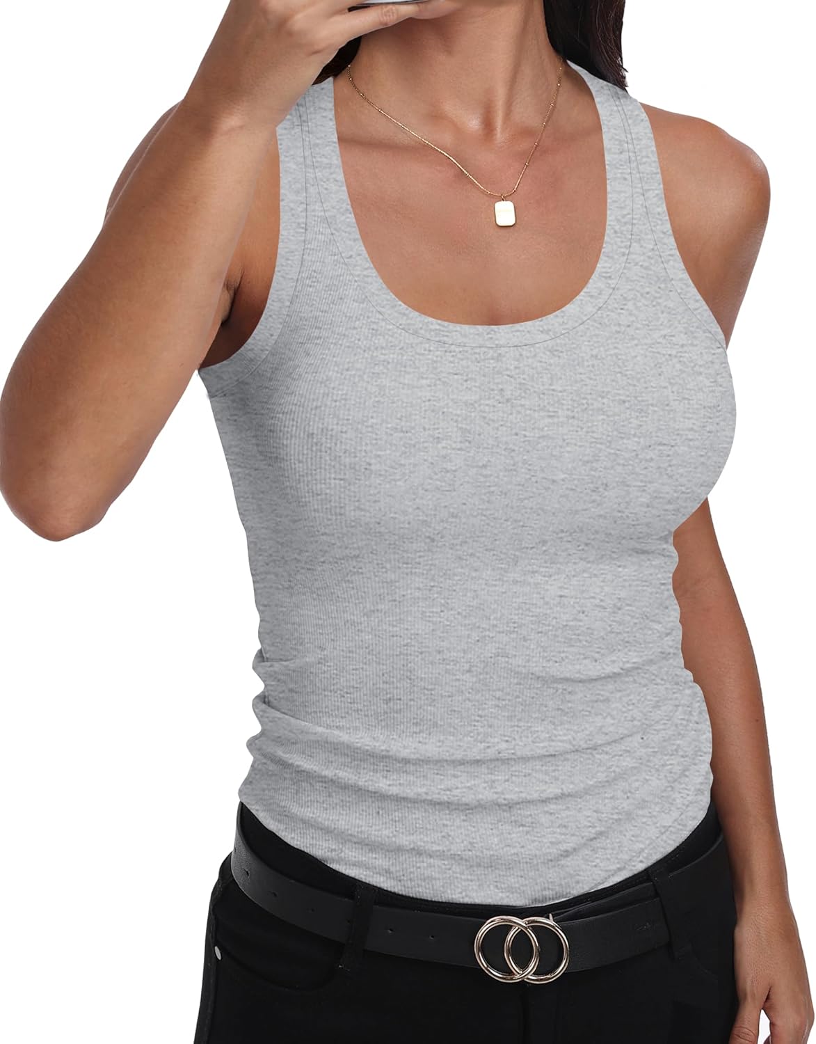 GEMBERA Womens Scoop Neck Sleeveless Racerback Ribbed Knit Slim Fitted Basic Tank Top Shirt
