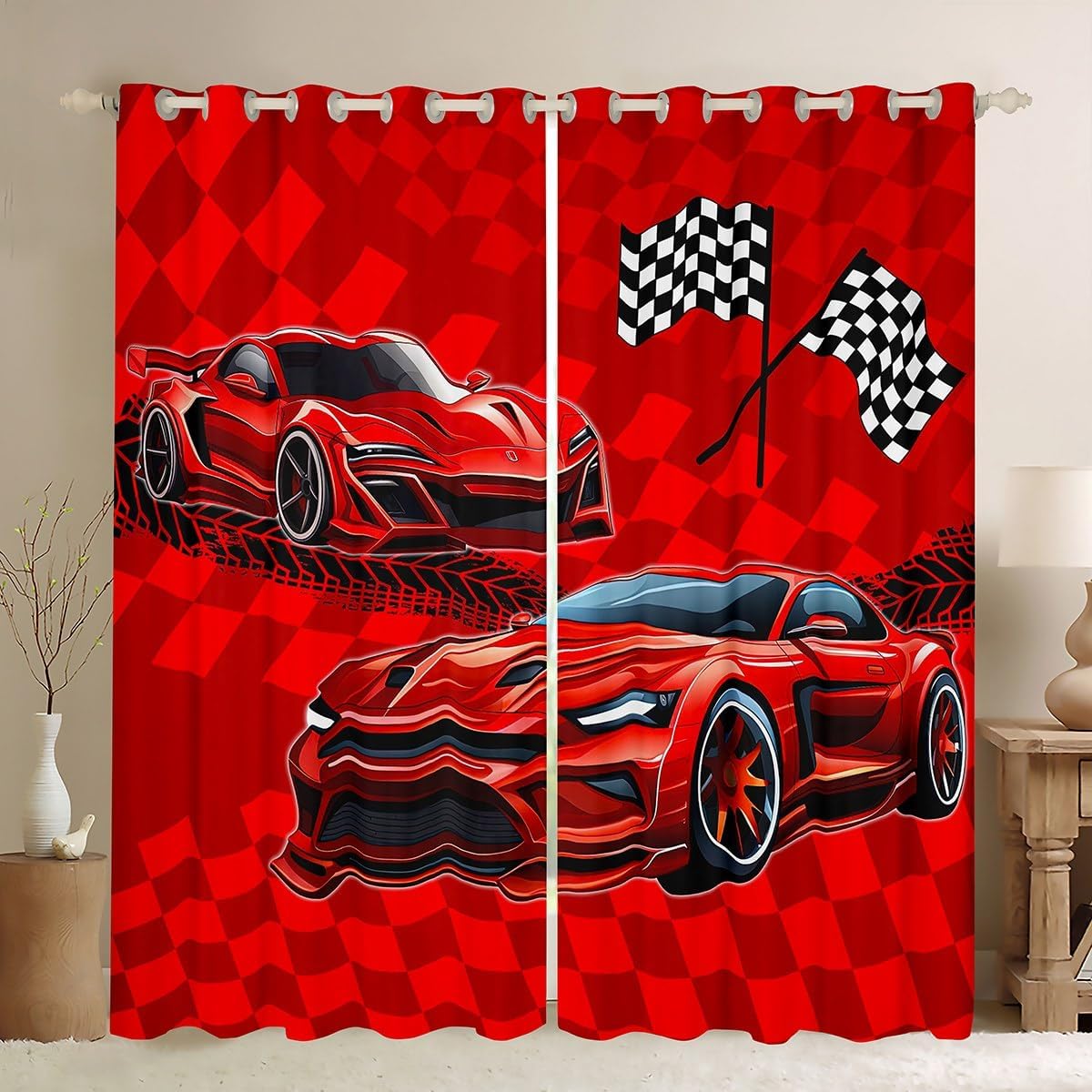 Castle Fairy Sports Car Curtain for Bedroom,Neon Green Blue Lightning Check Grid Blackout Window Curtain for Girls Teens,Racing Car Speed Race Themed Decor Microfiber Window Treatment, 42Wx84L inch