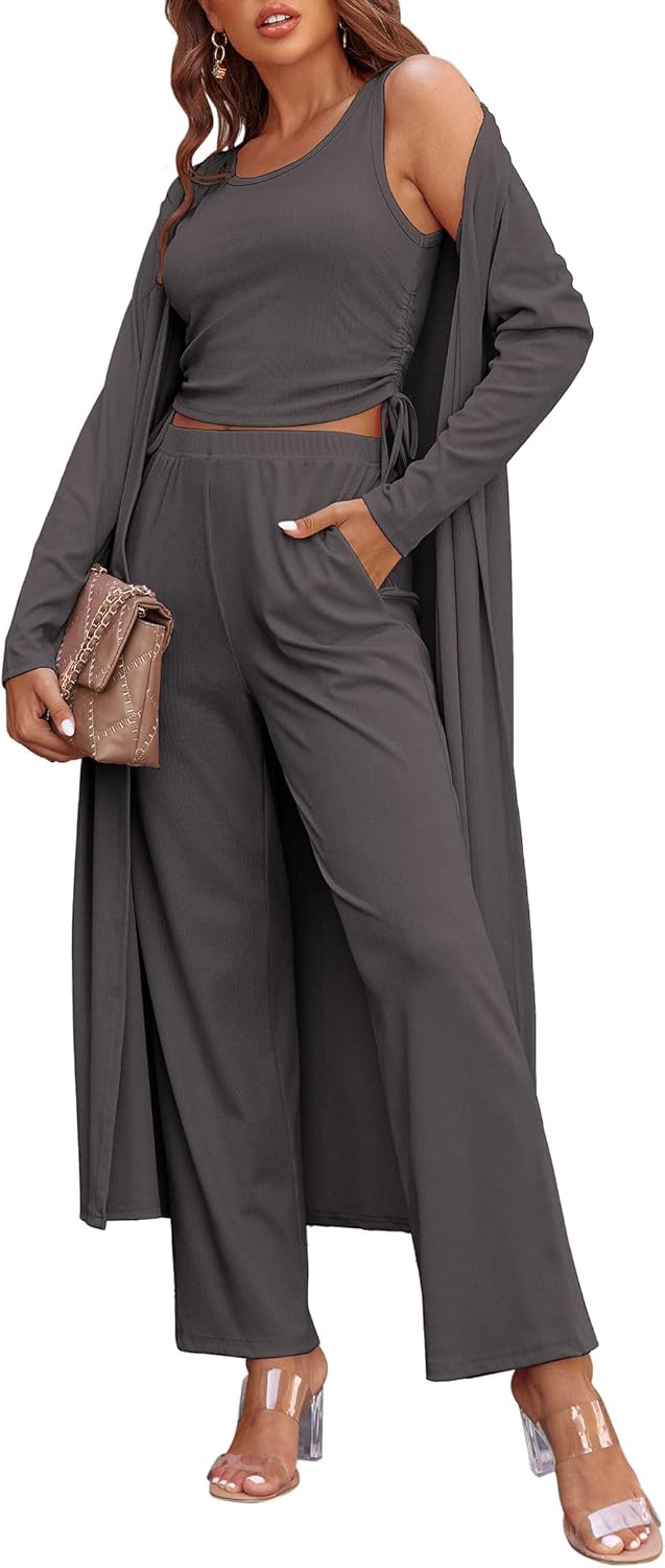 Ekouaer Women's 3 Piece Lounge Set Pajama Long Sleeve Cardigan Sleeveless Top Pants Sweatsuit S-XXL