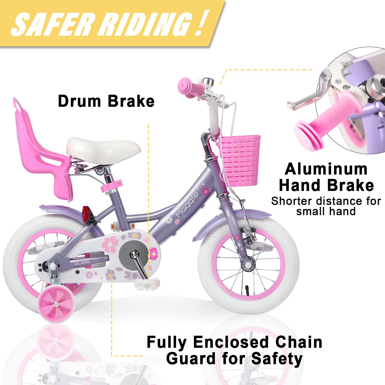 Glerc Maggie 12 14 16 20 Pouces vélo pour Enfants pour Les Filles de 2 à 13 Ans, vélo de Style Princesse pour Tout - Petits avec siège de poupée, Panier, stabilisateur et Support, Plusieurs Couleurs