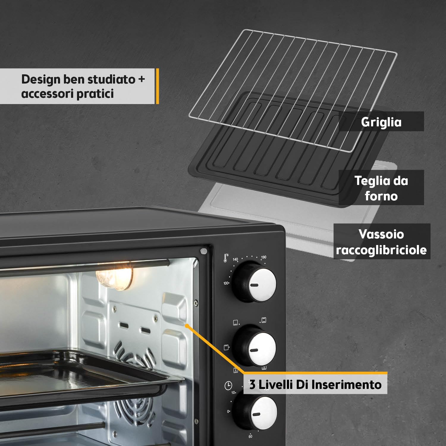 TZS First Austria - Mini Forno 20L 1380W - Fornetto con regolazione della temperatura fino a 230°C - Con timer di 60 min, 3 altezze di inserimento, teglia e griglia - Per cucine piccole e campeggio