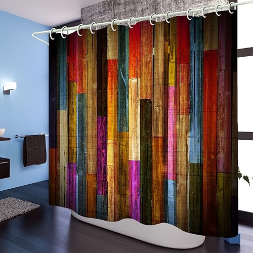 Miniatura 6 de WODEJIA Juego de cortinas de ducha impermeables para accesorios de baño, con pintura roja a rayas, tablero de madera impreso, hermosa tela ancha de