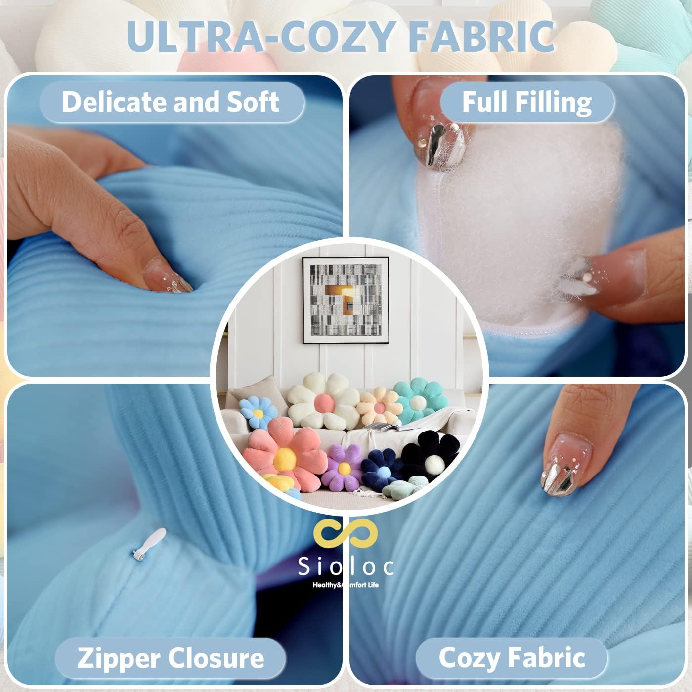 Sioloc Flower Pillow Shaped Throw Pillow Butt Cushion Floor Pillow,Seating Cushion,Cute Room Decor & Plush Pillow for Bedroom Sofa Chair(Blue,15.7'') - Image 6