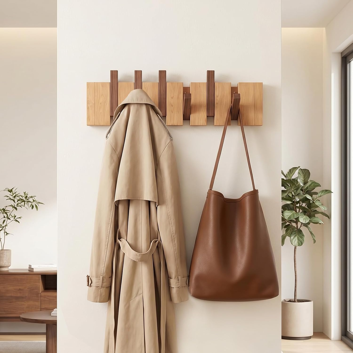 Wood Coat Rack Wall Mount with 6 Hooks, Two-Tone Piano Key Wood Coat Hooks, Heavy Duty Wall Mounted Coat Rack for Hanging Keys/Hats/Robe&Towels/Plants/Bags