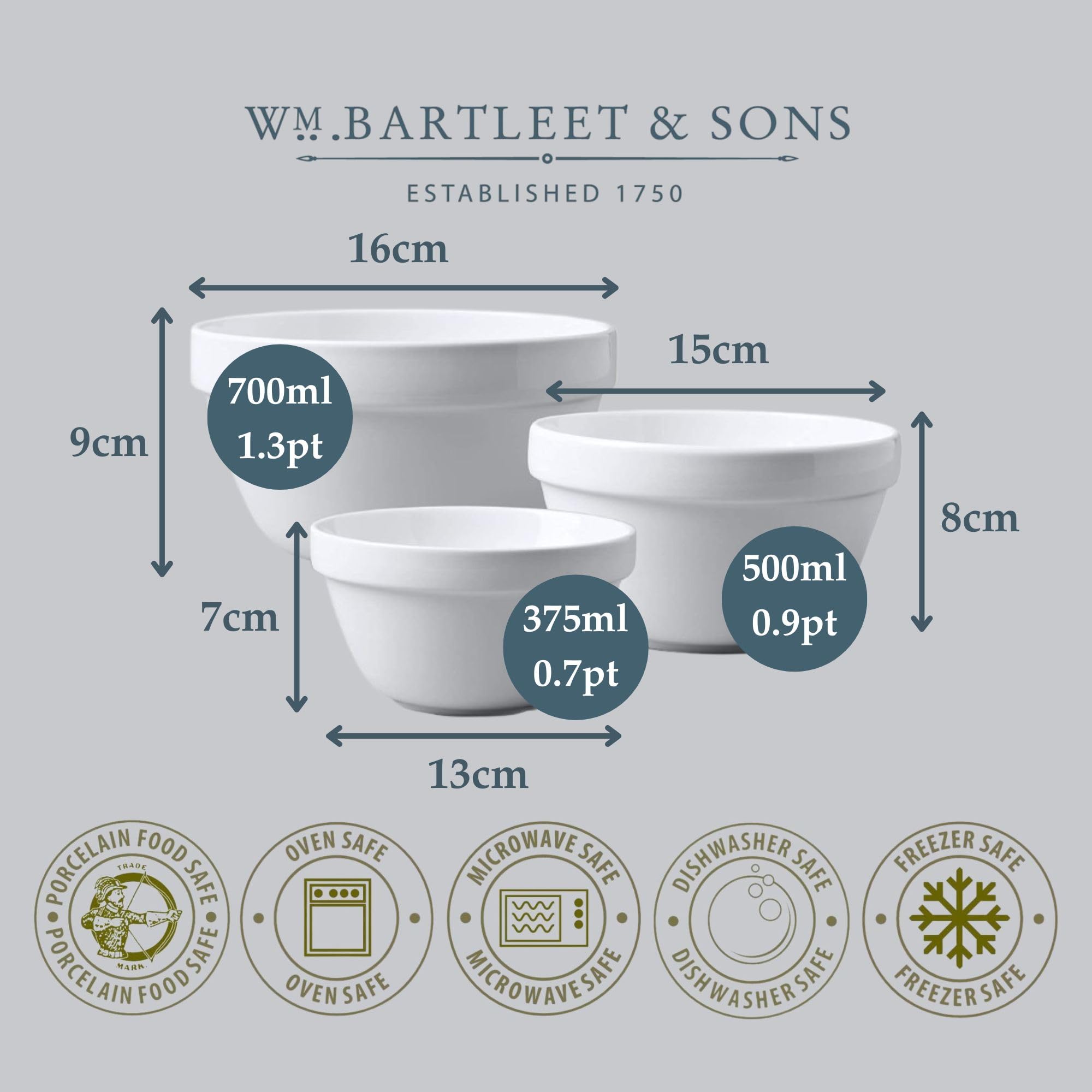 Wm Bartleet & Sons - Juego de 3 lavabos tradicionales de porcelana (375 ml, 0,7 pt/500 ml, 0,9 pt/700 ml, 1,3 pt) - Blanco
