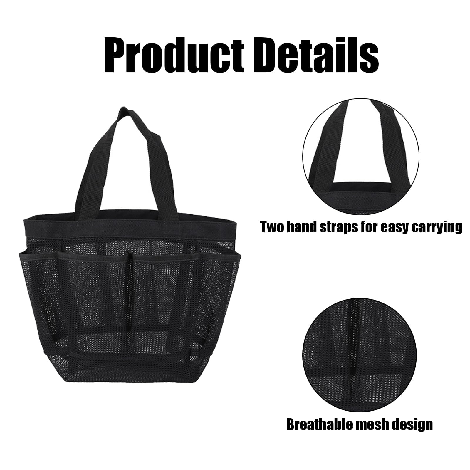 Shower Bag, Portable Mesh Shower Bag, Foldable Quick Dry Beach Bag Mesh, With 8 Pockets For, Suitable For Gyms, Travel, Shower, Swimming, Beaches, And Summer Camps, Etc(Black) - Image 3