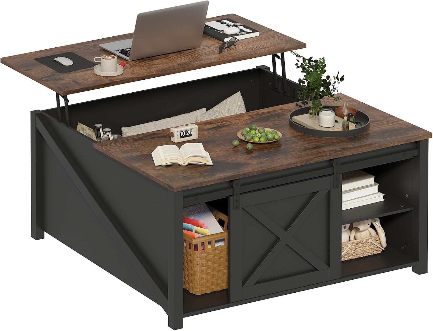 PUKAMI Lift Top Coffee Table with Storage, 31.5" Farmhouse Coffee Table for Living Room, Square Coffee Tables with Large Hidden Storage and Sliding Barn Doors, Black