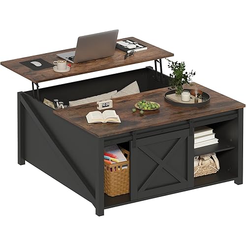 PUKAMI Lift Top Coffee Table with Storage, 31.5" Farmhouse Coffee Table for Living Room, Square Coffee Tables with Large Hidden Storage and Sliding Barn Doors, Black