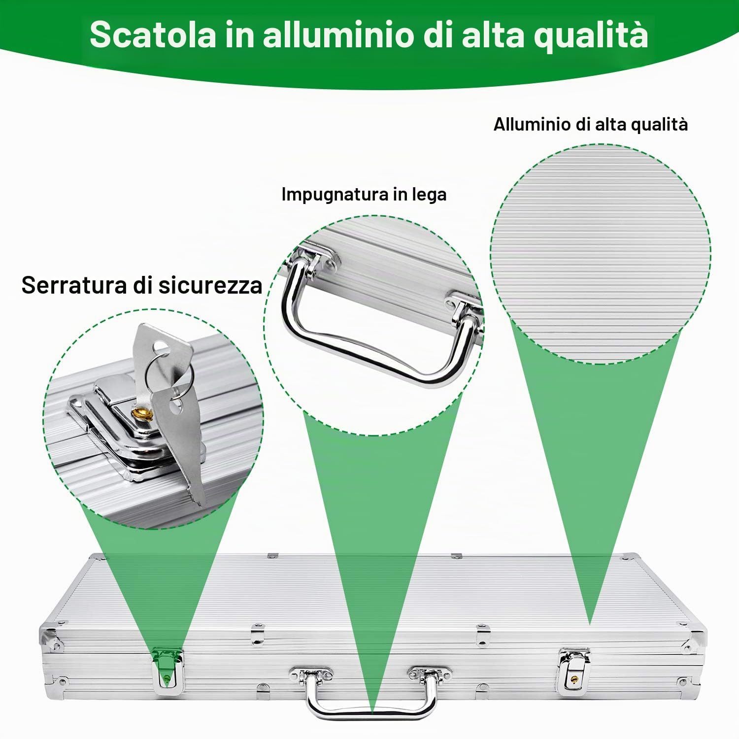 LARS360 Set da poker professionale con valigetta in alluminio con 500 chips laser di alta qualità, 2 poker e 5 dadi, 2 chiavi, 3 pulsanti per dealer