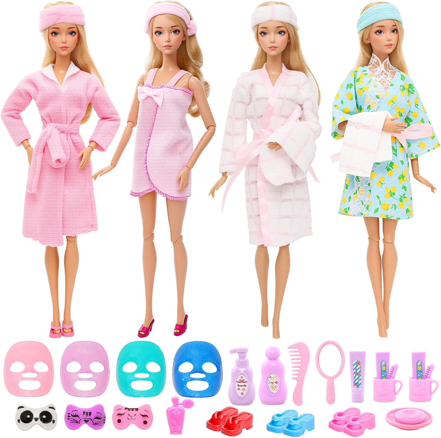 27 Pcs Doll Sleeping Clothes Accessories Including 4 Sets Bathrobes Pajamas, Towels, Headband, 12 Toiletries, 8 Accessories, 3 Slippers for 11.5 Inch Girl Dolls Sleeping Storytelling Playset