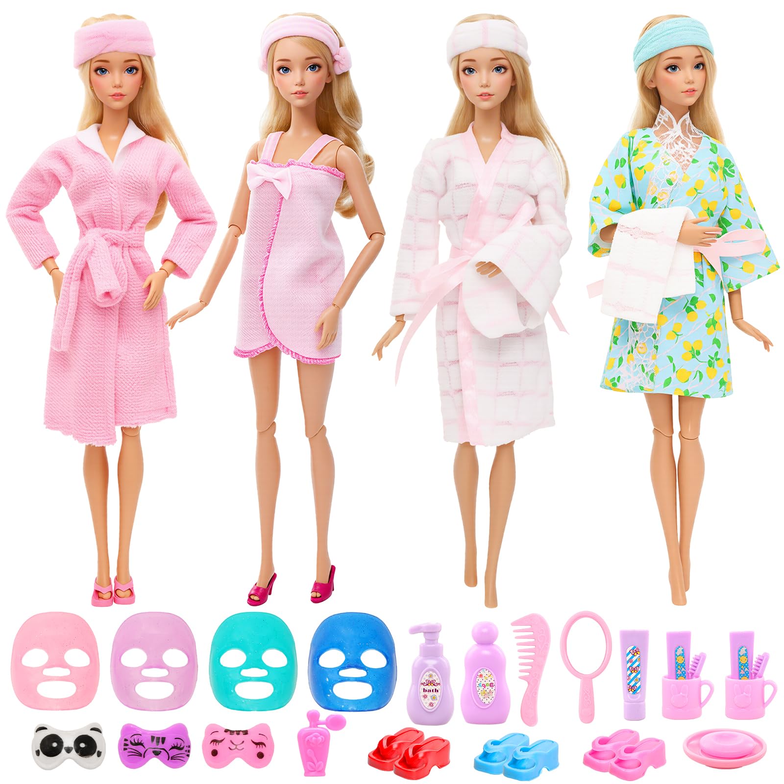 27 Pcs Doll Sleeping Clothes Accessories Including 4 Sets Bathrobes Pajamas, Towels, Headband, 12 Toiletries, 8 Accessories, 3 Slippers for 11.5 Inch