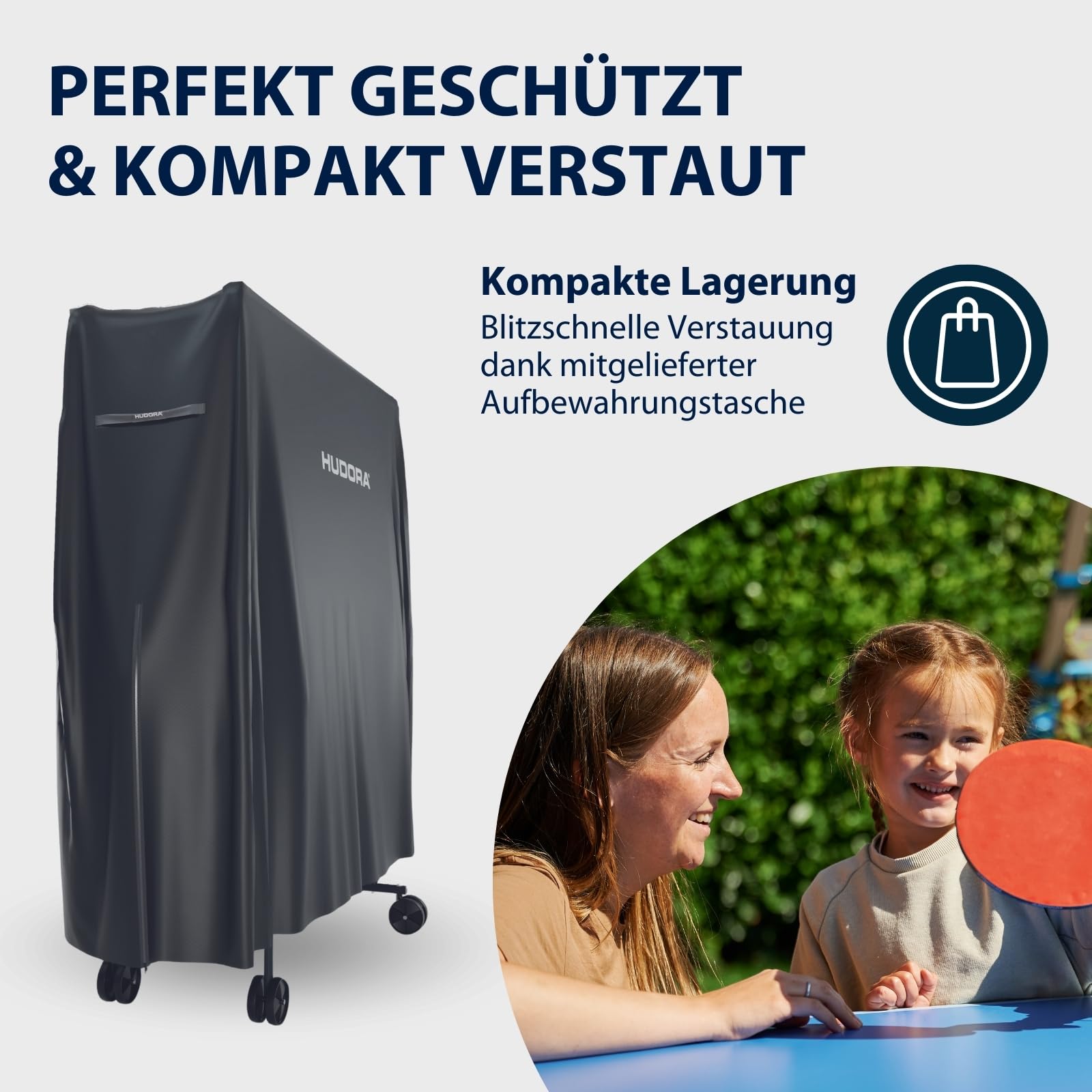 HUDORA Tischtennisplatten Abdeckung in 187x72x156 cm - PU-beschichtete Tischtennis Hülle - Schutz vor Sonne / Staub & Regen - Abdeckhülle mit Reißverschluss - Schutzhülle für Tischtennisplatte