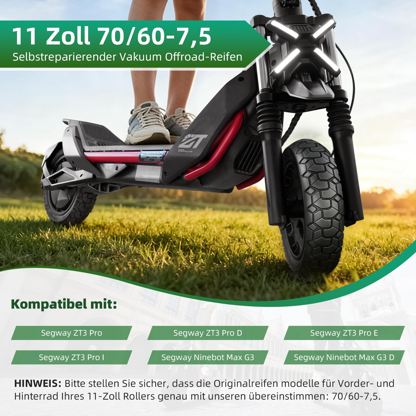 70/60-7,5 Ersatzreifen für Segway Ninebot ZT3 / ZT3 Pro, 11 Zoll Selbstreparierender Schlauchlose Reifen Cross Season Elektroroller Tire mit Kleber (Selbstreparierender-2 Stück)