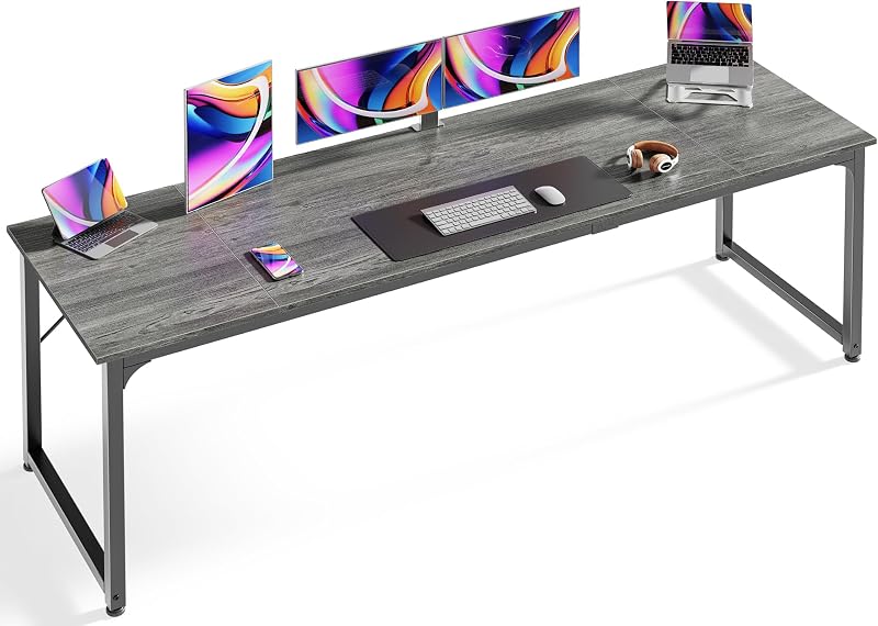 Huuger Escritorio para computadora, escritorio de oficina de 80 pulgadas, escritorio para juegos con almacenamiento, escritorio de trabajo para oficina en casa, estudio, escritorio largo y simple, espacio grande para las piernas, marco de metal, gris
