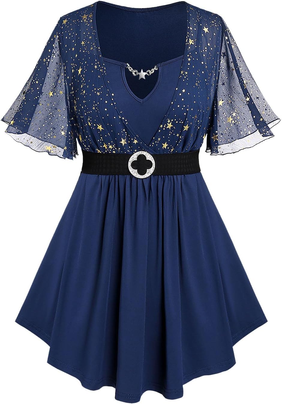 Rosegal Plus Size Womens Sparkly Gold Stamping Stars Print Butterfly Sleeve Blouse 2 in 1 Flowy Short Sleeve Top with Belt