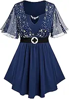 Rosegal Blusa feminina 2 em 1 com estampa de estrelas em ouro brilhante e manga borboleta 2 em 1 com cinto
