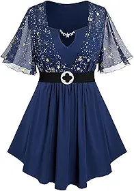 Rosegal Blusa feminina 2 em 1 com estampa de estrelas em ouro brilhante e manga borboleta 2 em 1 com cinto
