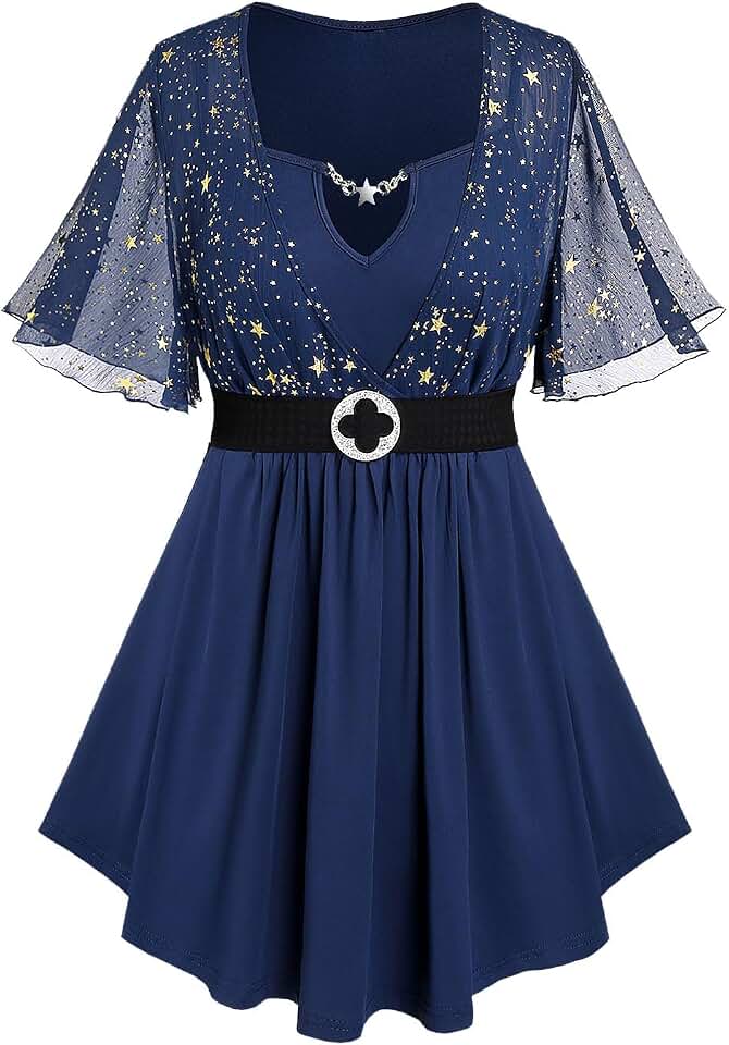 Rosegal Blusa feminina 2 em 1 com estampa de estrelas em ouro brilhante e manga borboleta 2 em 1 com cinto