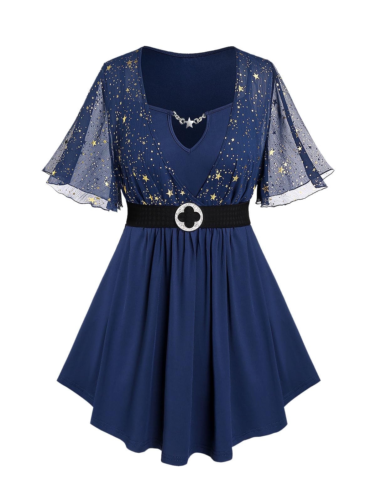 Rosegal Plus Size Womens Sparkly Gold Stamping Stars Print Butterfly Sleeve Blouse 2 in 1 Flowy Short Sleeve Top with Belt