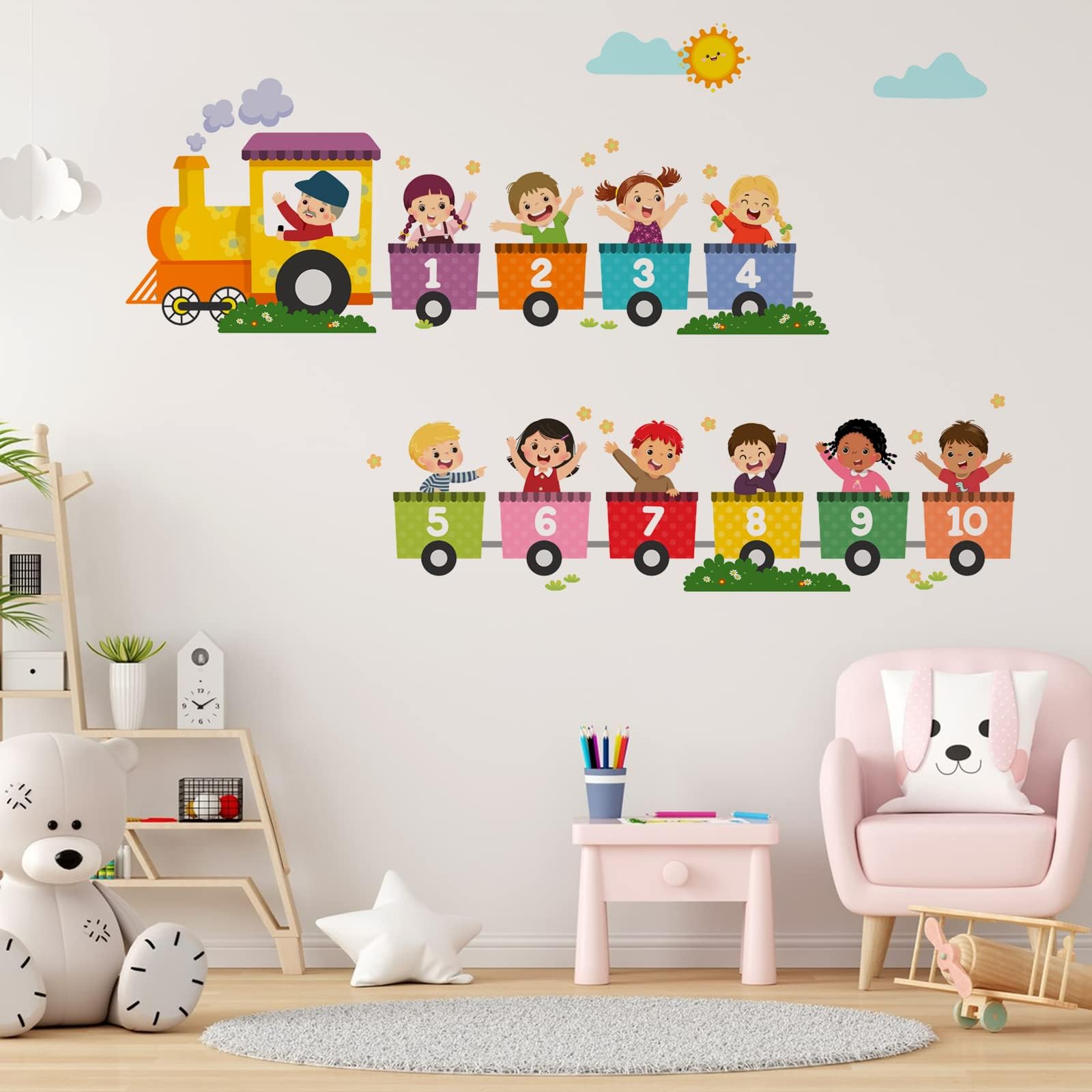 Train Number Kids Wall Stickers, Learning Colors Figures Preschool Wall Decals Peel and Stick Art Wall Decors, Suitable for Nursery, Baby Room, Kids Playroom, Classroom…