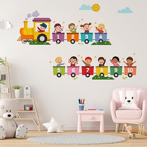 Calcomanías de pared con números de tren para niños, figuras de colores de aprendizaje preescolar, calcomanías de pared para despegar y pegar,