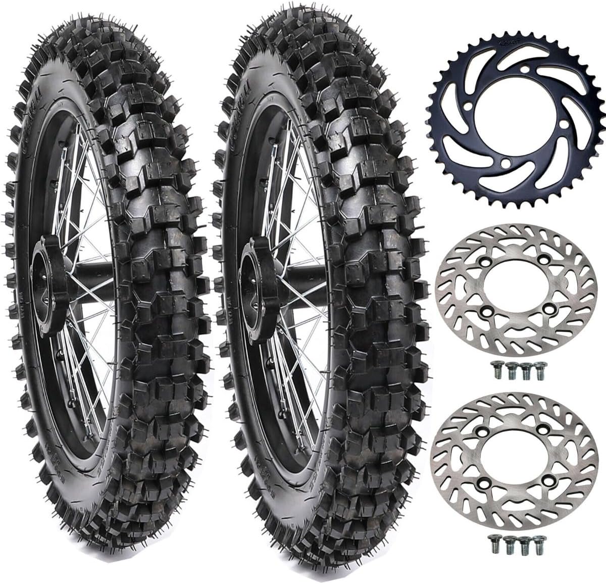 Complete Set 70/100-17 & 90/100-14 Dirt Bike Tire Wheels - Front and Rear Tires, Rims, Inner Tubes with Sprocket Brake Discs for Motocross Off-Road Pit Bike Apollo SSR 125CC 140CC 150CC