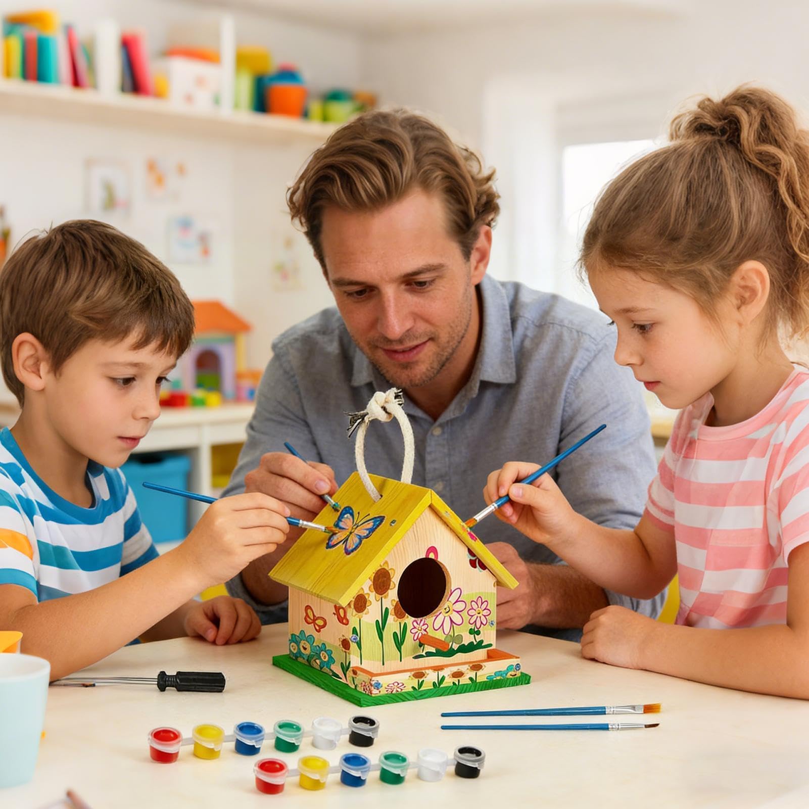 Vogelhuisje Bouw- En Verfset Voor Kinderen – Houten Knutselpakket, 15x15x15 Cm, Incl. Verf, Kwasten En Schroeven