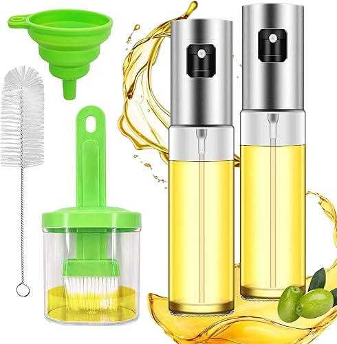 Daily Treasures Paquete de 2 botellas de vidrio de aceite de oliva con boquilla precisa mejorada de 3.4 fl oz con botella de cepillo de aceite,
