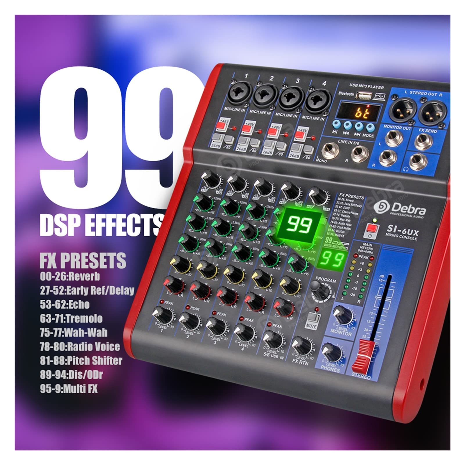 Attrezzatura per DJ per Feste Suono Pulito! Canale Debra PRO 6 USB Audio del Mixer con 99 Dsp Effetti digitali for DJ Miscelatore Console Karaoke Registrazione Studio