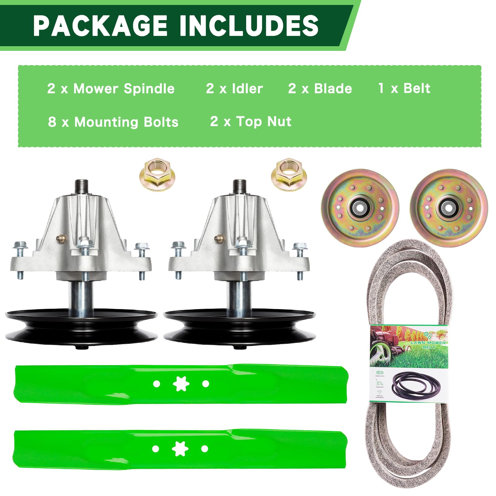 Kit de reconstrucción de cubierta de cortacésped compatible con Sears Craftsman modelo LT2000 de 42 pulgadas, incluye (2) husillos 918-04822 (2) poleas tensoras planas 756-04129 (2) cuchillas