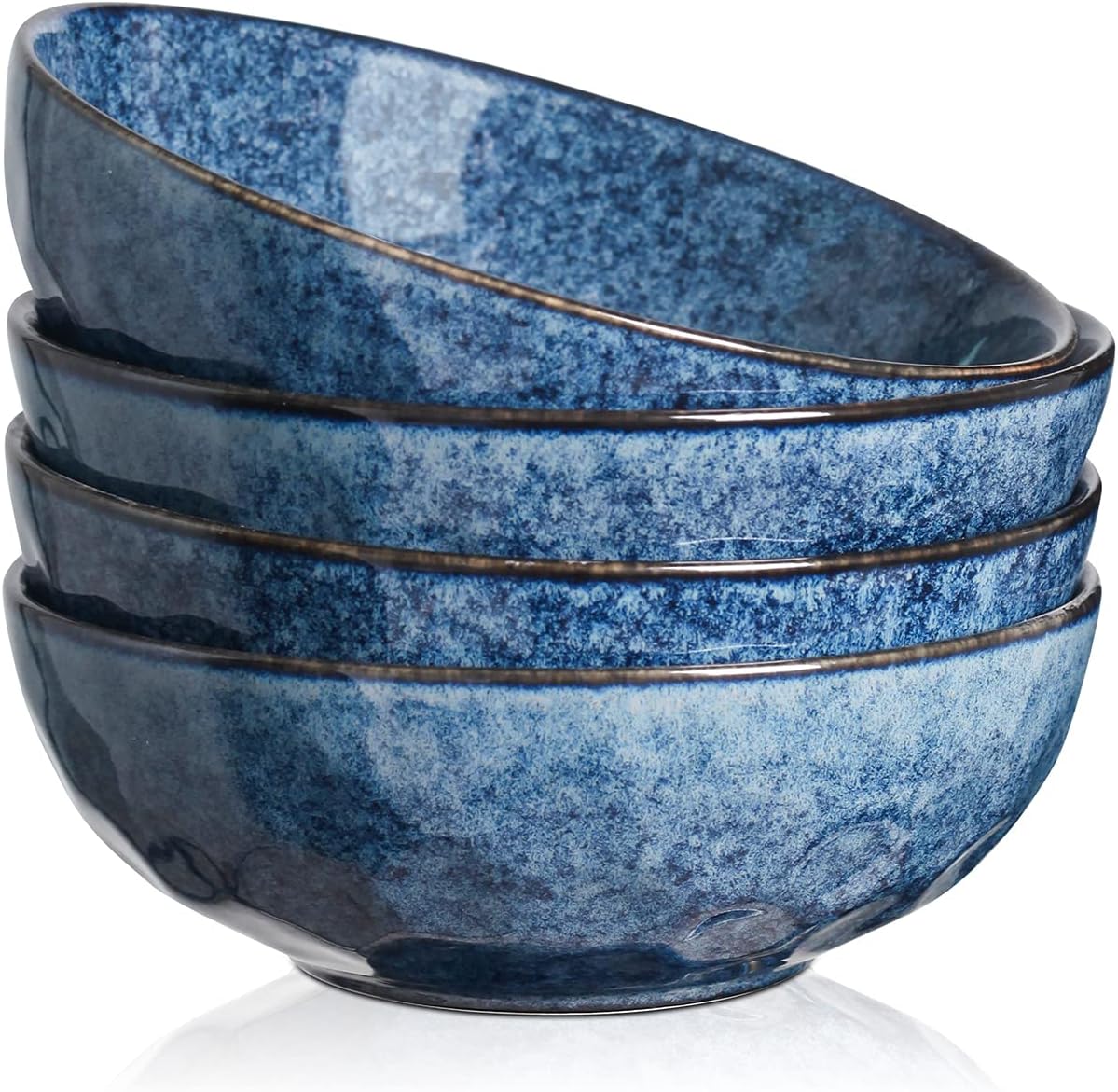 Rice Dessert Cereal Bowls 4 Piece Stoneware Vintage Look Ceramic Blue Large Serving Bowl, Soup/Mixing/Fruit/Noodle/Ramen China Bowl, Capacity of 940 ml. (18x18x6.3 cm)
