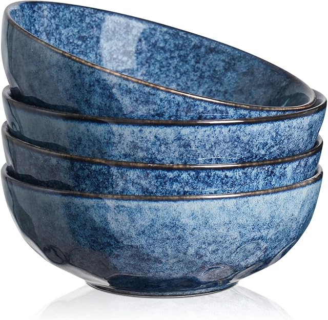 vicrays Rice Dessert Cereal Bowls 4 Piece Stoneware Vintage Look Ceramic Blue Large Serving Bowl, Soup/Mixing/Fruit/Noodle/Ramen China Bowl, Capacity of 940 ml. (18x18x6.3 cm)
