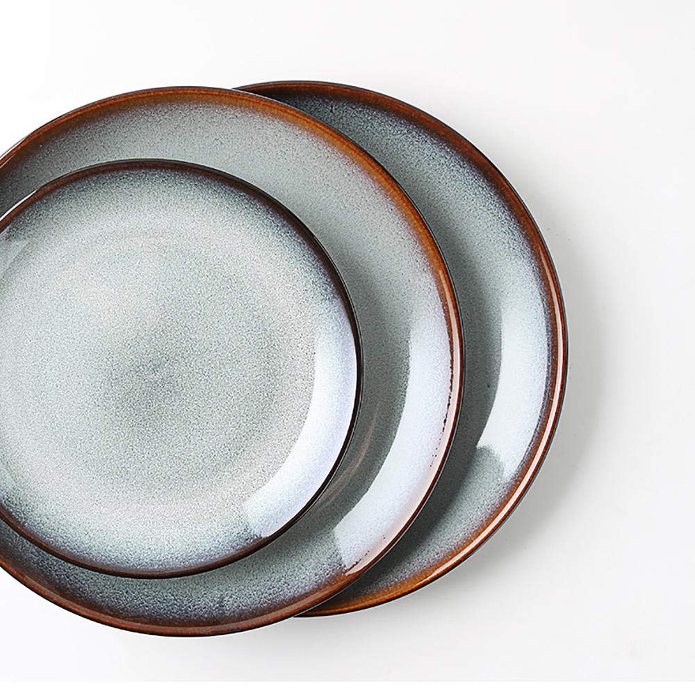 11-Inch Kiln Changed Bread & Butter Plate Ceramic Steak Plate Flat Plate French Main Bread & Butter Plate Special Restaurant Tableware-Brown Side 8.2 Inches