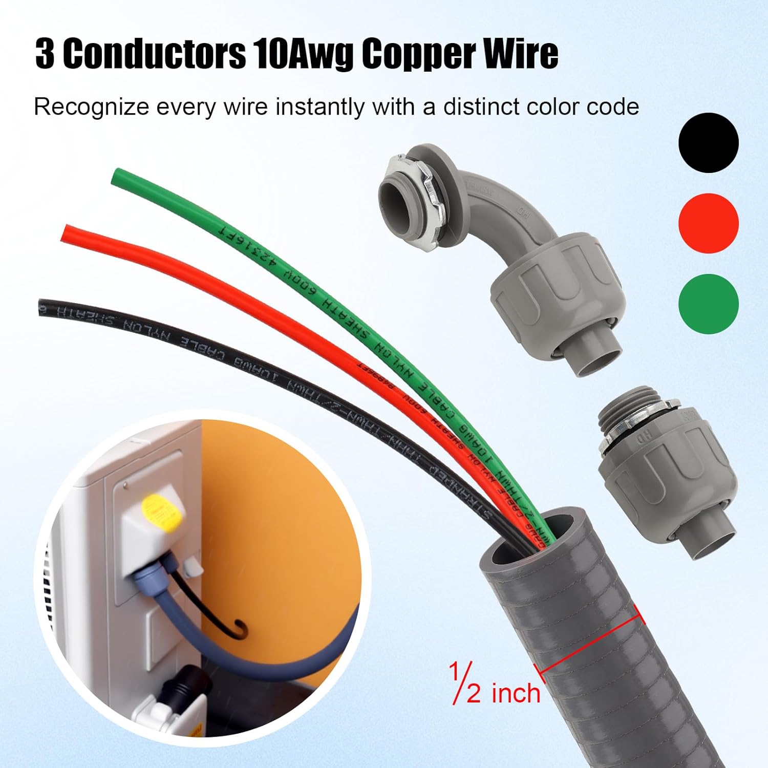 1/2Inch Power Whips Assembly, 8FT Nonmetallic Liquid Tight Flexible Conduit Wire with 3 Conductors 10 Gauge THHN Electrical Wires, A/C Hook-up Whip Kit Electrical Wire(8FTx1/2Inch)