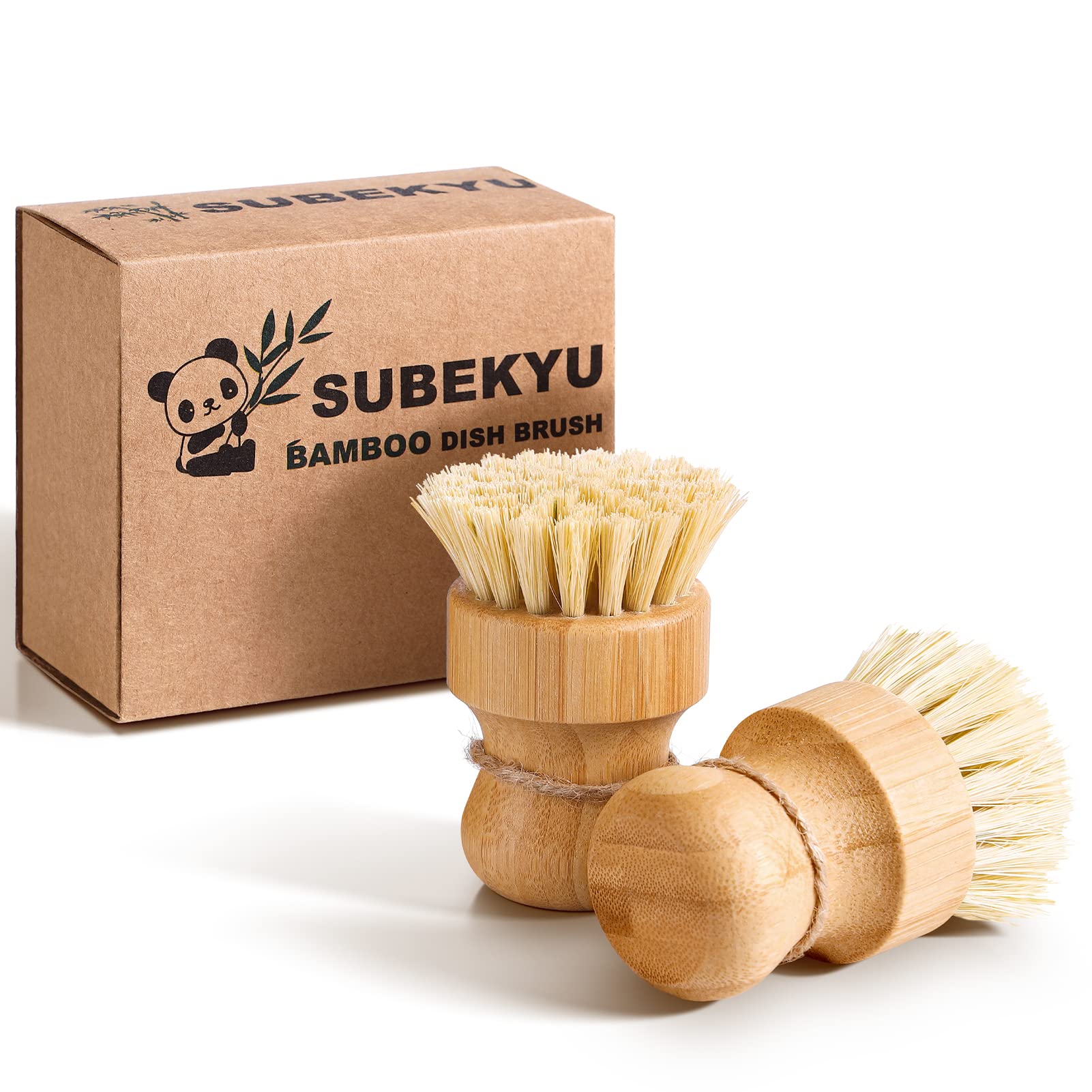 SUBEKYU Bamboo Dish Scrub Brushes for Kitchen, Wooden Cleaning Scrubbers Set for Washing Cast Iron Pan/Pot, Natural Sisal Bristles, Set of 2