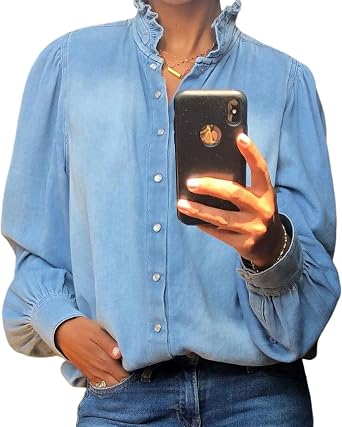 Womens Ruffled Neck Denim Blouse Long Sleeve Business Casual Tops