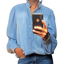 Womens Ruffled Neck Denim Blouse Long Sleeve Business Casual Tops