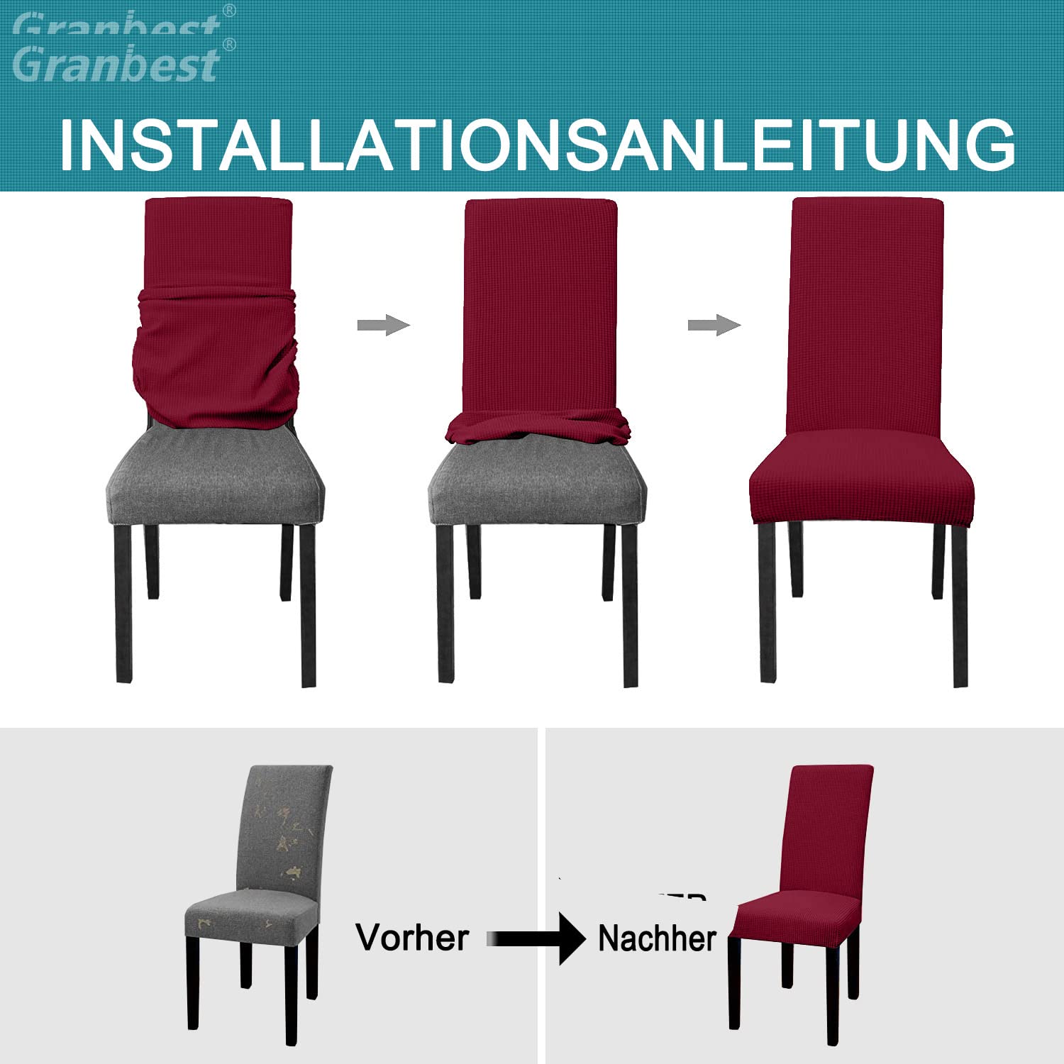 Granbest 4-tlg Samt Stuhlbezüge - Waschbare Stuhlhussen Holzkohle Grau