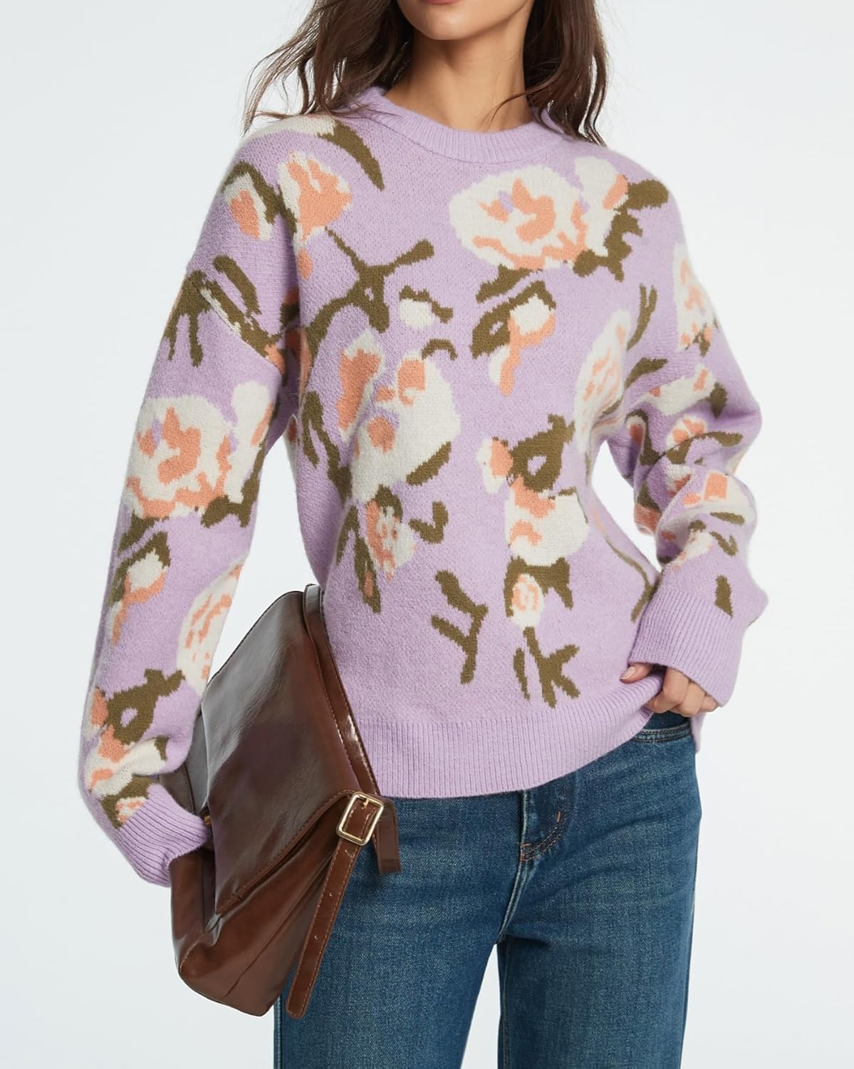 Women's Flower Sweater Crew Neck Casual Long Sleeve Drop Shoulder Pullover Sweaters Knit Top - Image 6