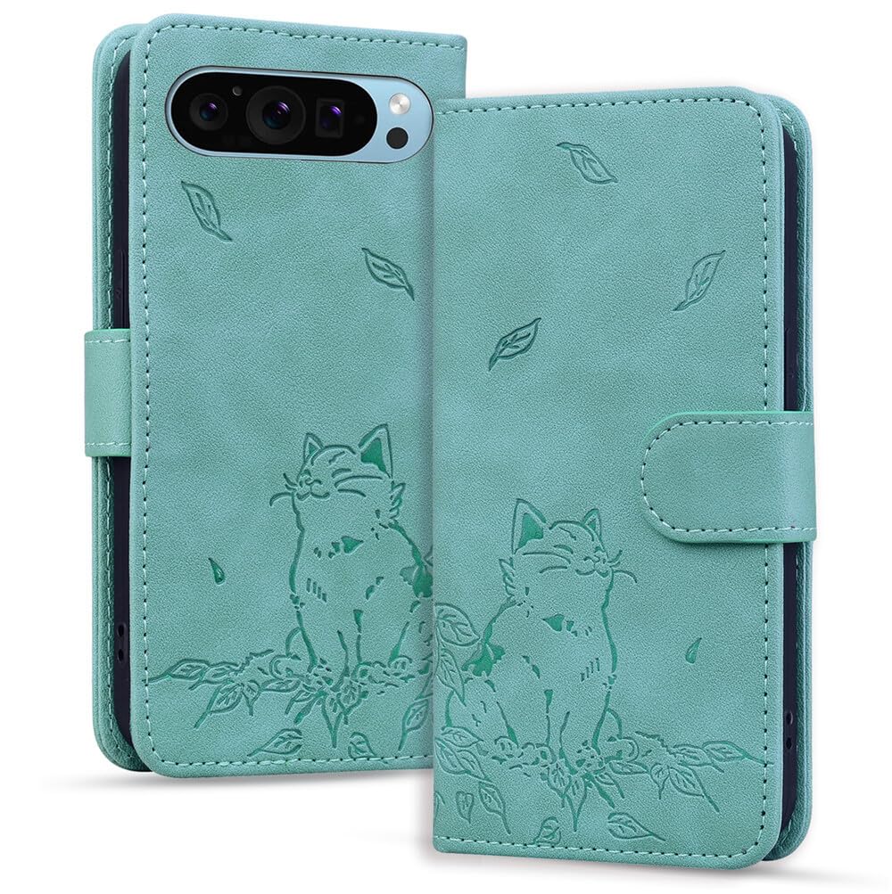 Étui compatible Google Pixel 8A vert housse cuir chat antichoc protection - 7