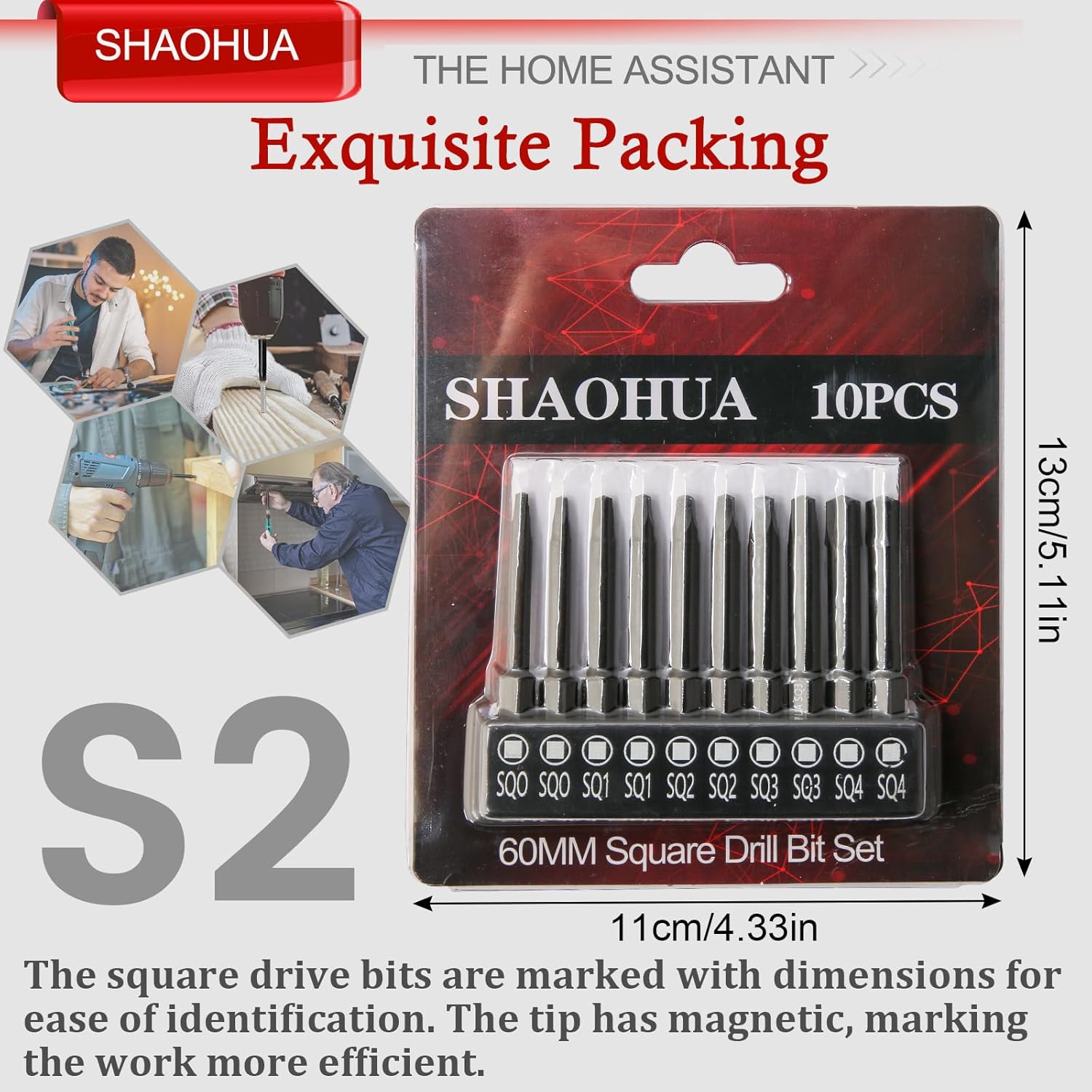 10PCS Square Drive Bits Set, 2.3" Long With 1/4 Inch Magnetic Bit Driver, S2 Steel Allen Wrench Drill Bits, Hex Head Drill Bit Set SQ#0, 1, 2, 3, and #4